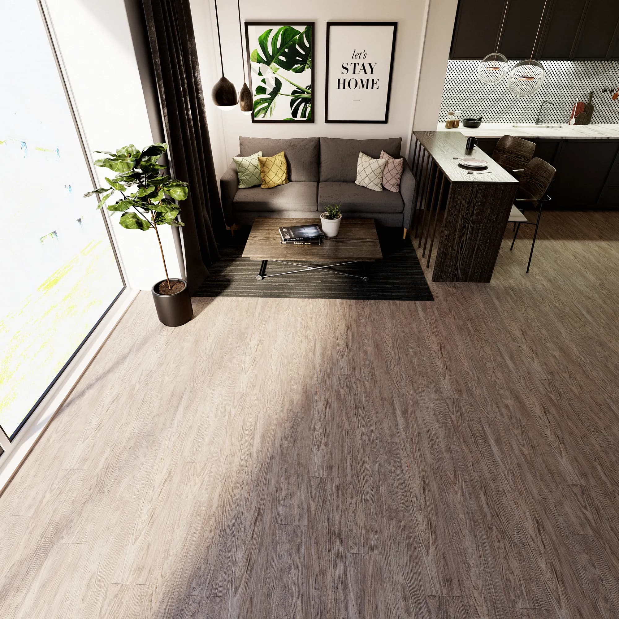 La Jolla Floating Vinyl room scene - Sound-Tec Floating Urban Surfaces looselay floating LVT vinyl plank flooring | 254 Floors Waco TX wholesale