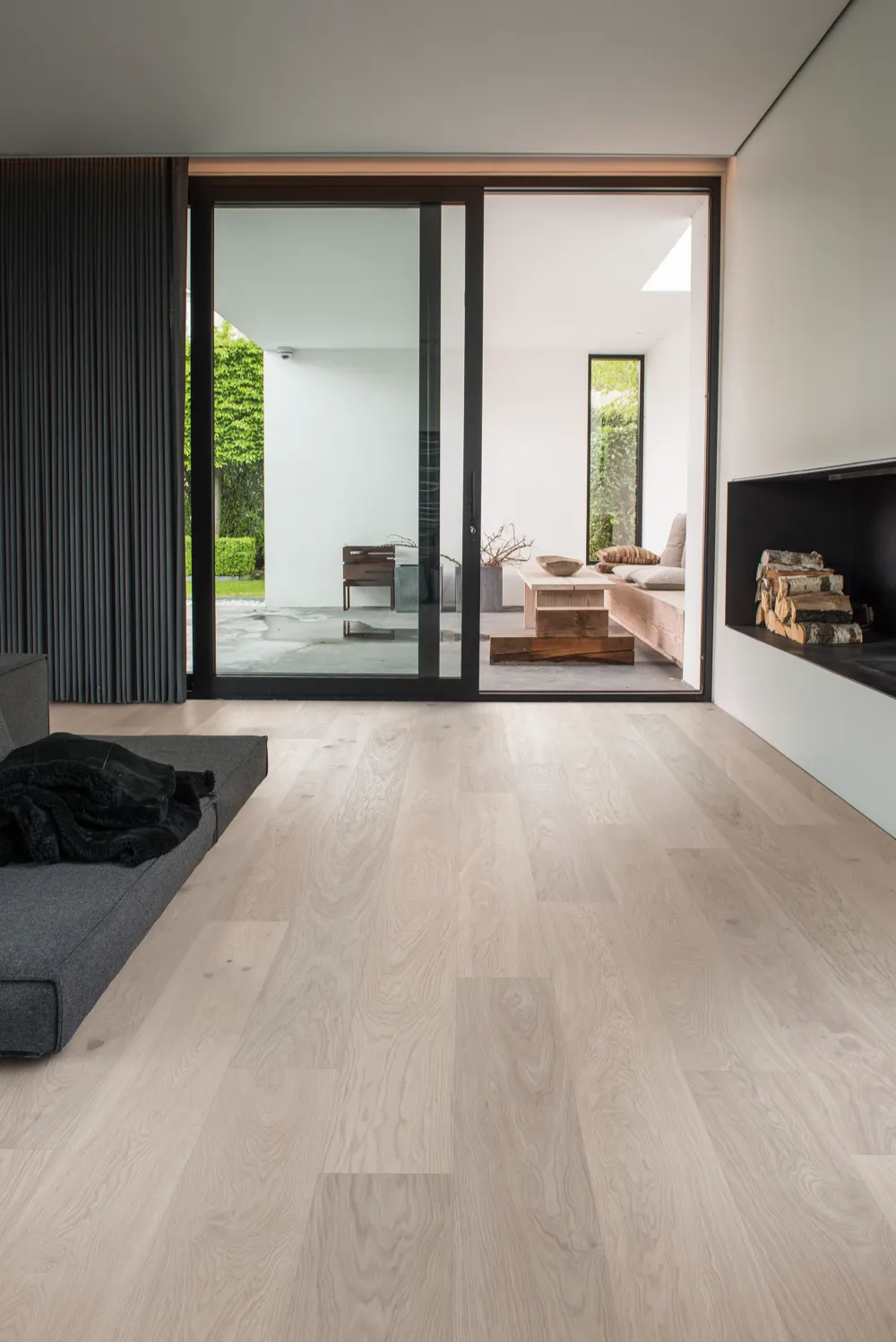 Bjelin XXL Powder White Oak Hardened Engineered Wood Flooring installed room view