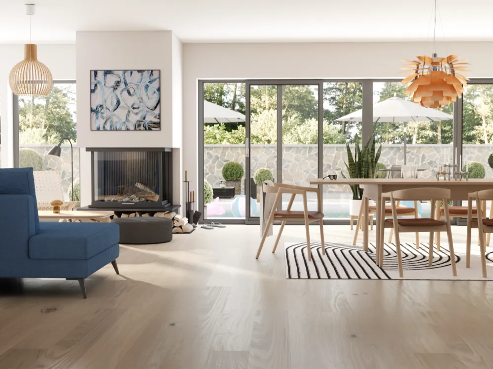 Bjelin XL Misty White Oak Hardened Engineered Wood Flooring installed room view