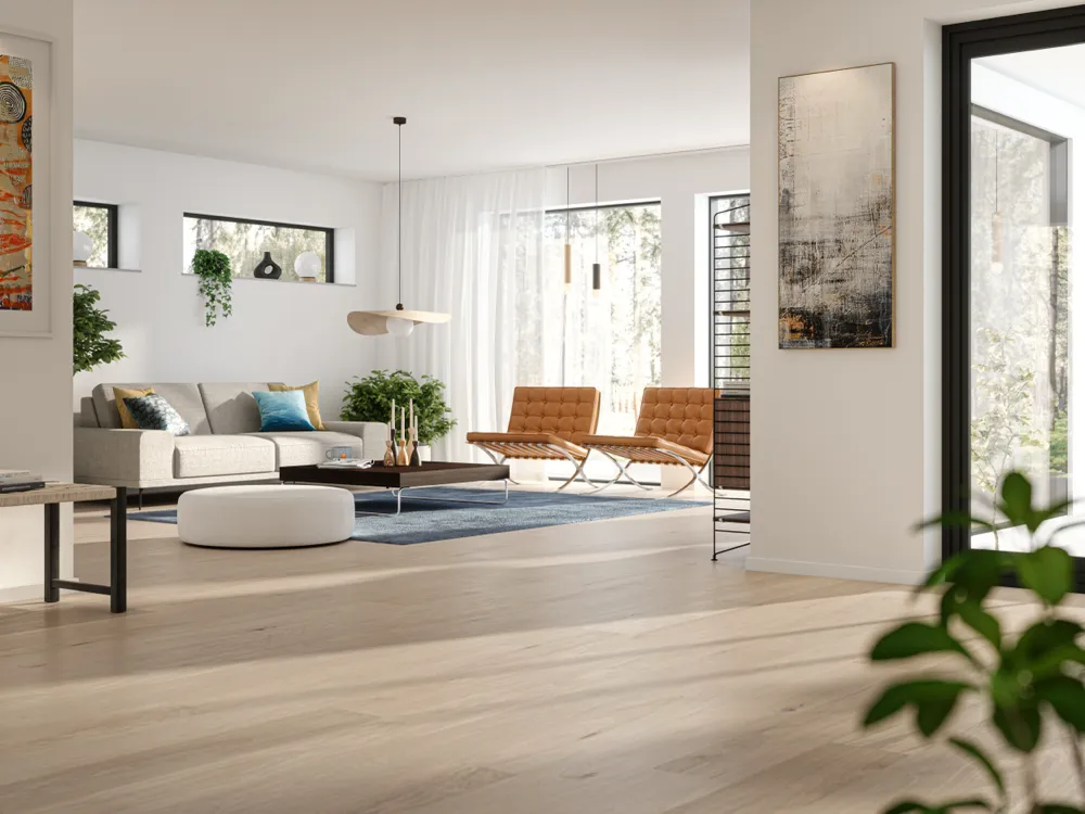 Bjelin XL Powder White Oak Hardened Engineered Wood Flooring installed room view