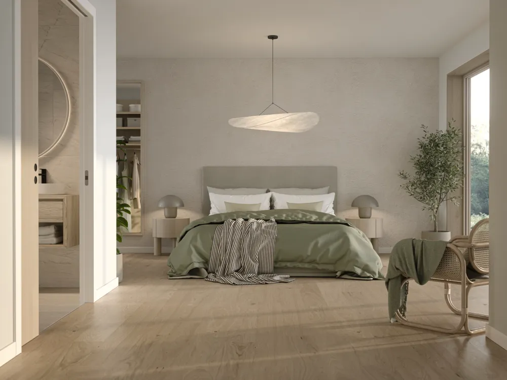 Bjelin Large Misty White Oak Hardened Engineered Wood Flooring installed room view