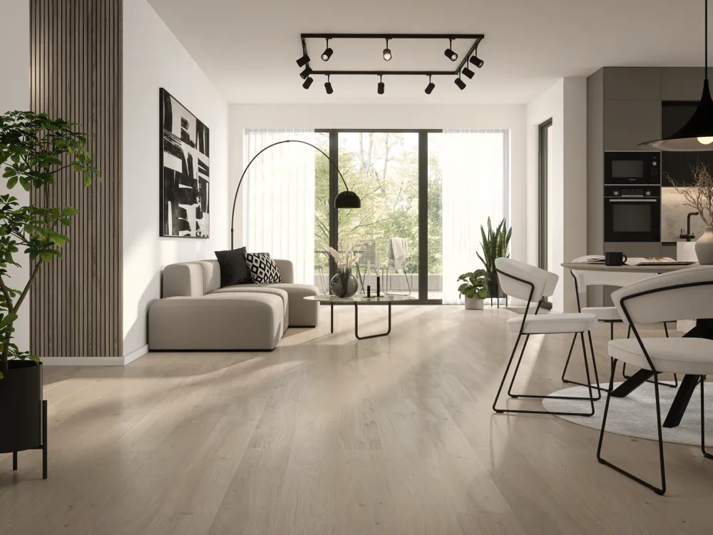 Bjelin Large Powder White Oak Hardened Engineered Wood Flooring installed room view