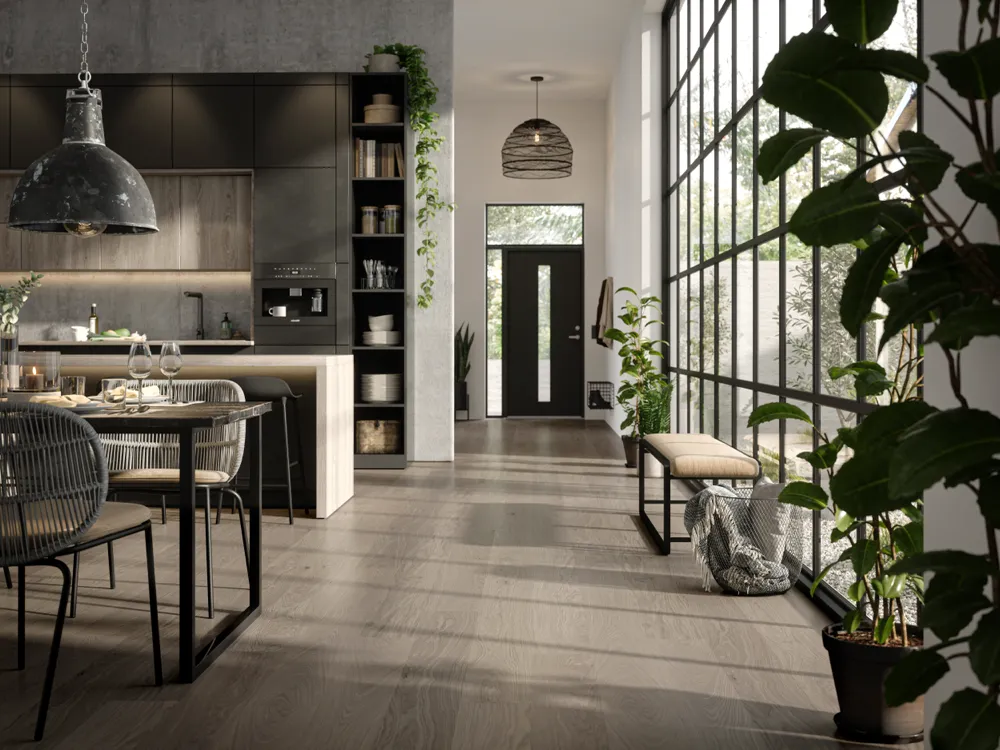 Bjelin Large Earth Grey Oak Hardened Engineered Wood Flooring installed room view
