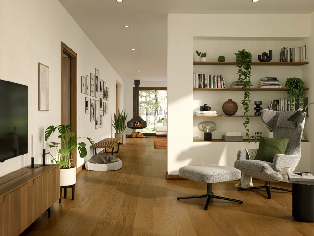 Bjelin Large Terra Brown Oak Hardened Engineered Wood Flooring installed room view
