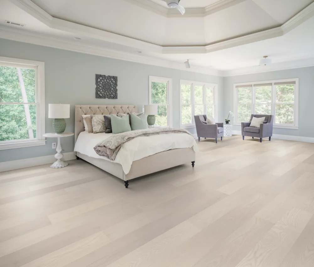 Bjelin XL Powder White Ash Hardened Engineered Wood Flooring installed room view