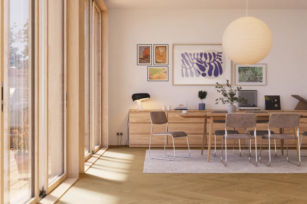 Bjelin Modern Herringbone Natural Oak Hardened Engineered Wood Flooring installed room view
