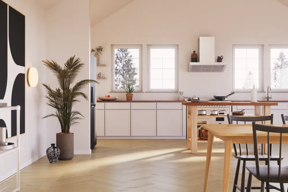 Bjelin Modern Herringbone Misty White Oak Hardened Engineered Wood Flooring installed room view
