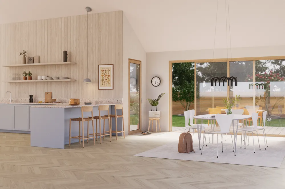 Bjelin Modern Herringbone Powder White Oak Hardened Engineered Wood Flooring installed room view