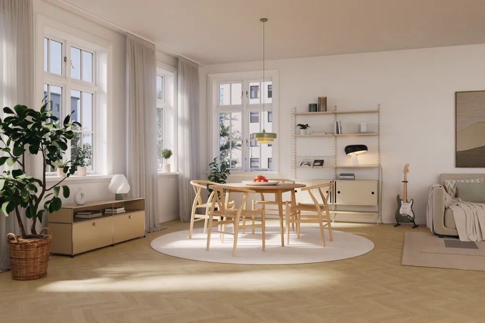 Bjelin Classic Herringbone Misty White Oak Hardened Engineered Wood Flooring installed room view